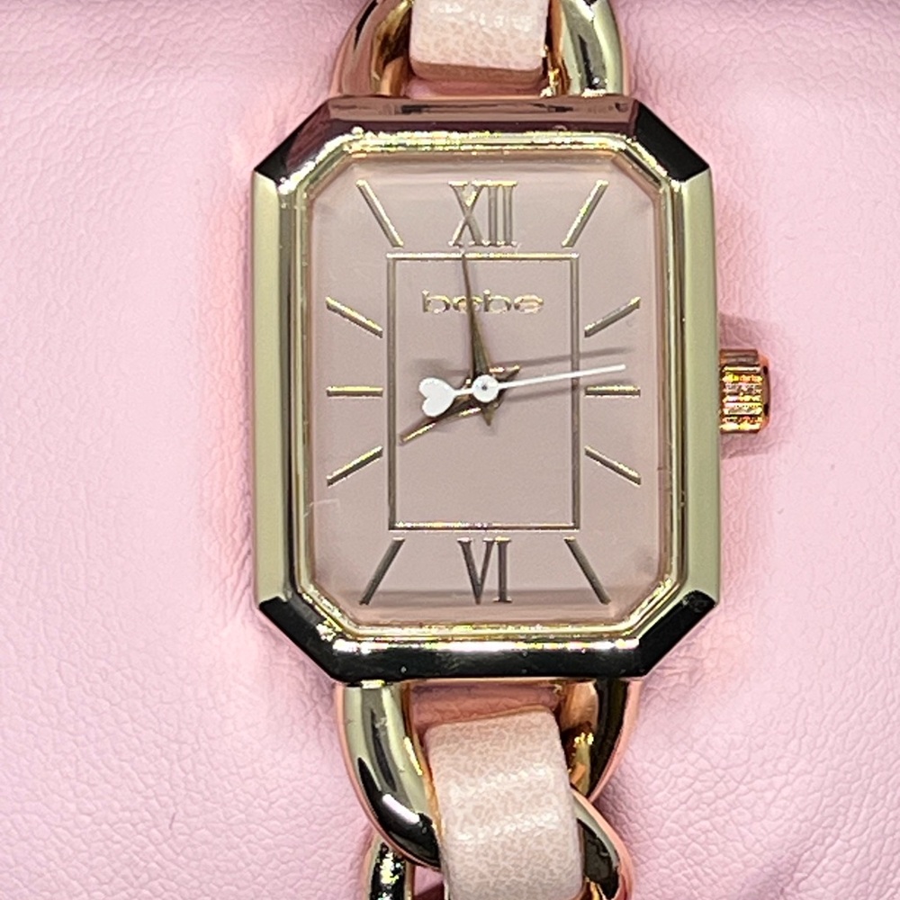 NWT bebe BABY PINK STRAP AND ROSEGOLD METAL CHAIN LINK BRACELET WATCH - Picture 9 of 12